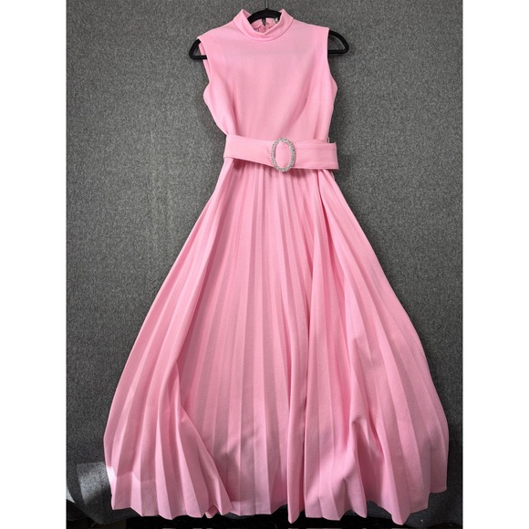 Emmey Fashions Dresses & Skirts - Vintage Emmey Fashions Pink Pleated Maxi Dress Rhinestone Belt Mock Neck